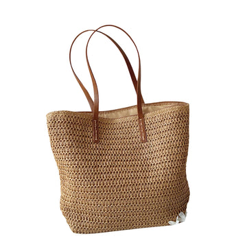 Wicker Basket Bag with Leather Handles for Women